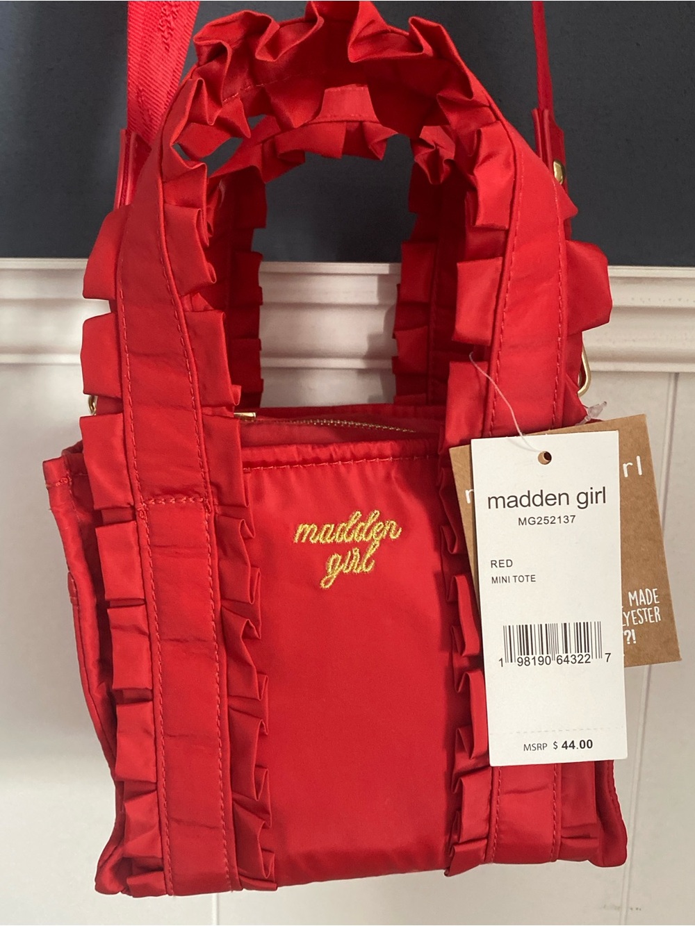 NWT Madden Girl Emilyy Ruffle Nylon Mini Tote Crossbody Bag Red MG252137